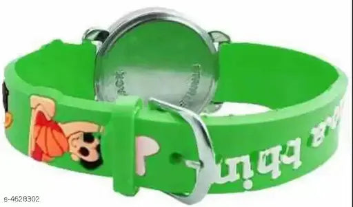 Green rubber watch for kids with Minnie Mouse, featuring silver clasp and adjustable band