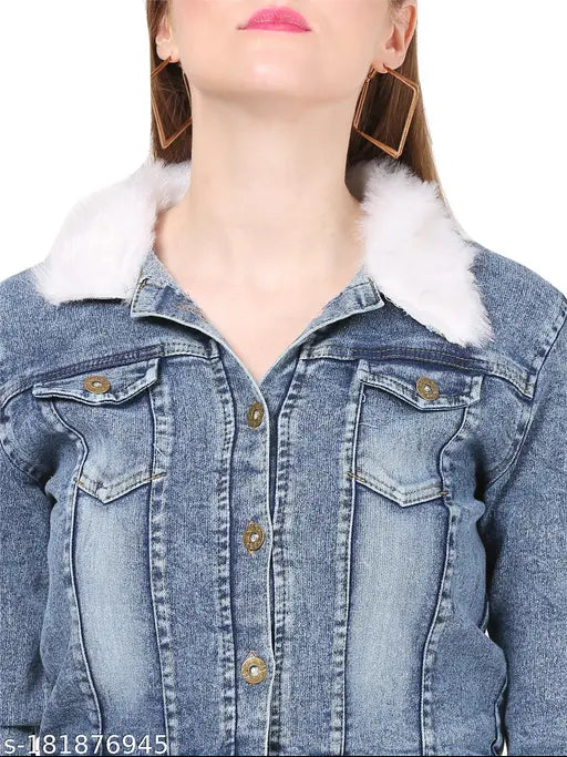 Subh Women's blue denim fur jacket, solid embellished design with three-quarter sleeves, polo neck, and button closure. Made in India