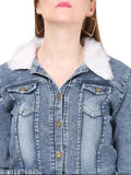 Subh Women's blue denim fur jacket, solid embellished design with three-quarter sleeves, polo neck, and button closure. Made in India
