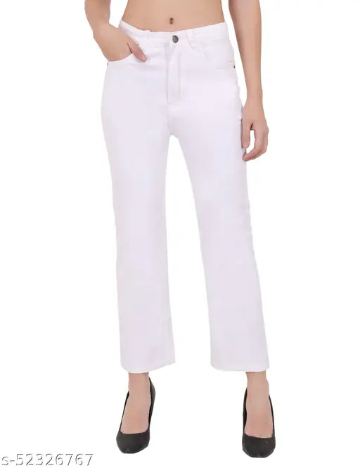 White women's jeans with cropped flared legs, button and zip fly