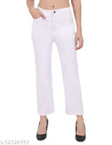 White women's jeans with cropped flared legs, button and zip fly