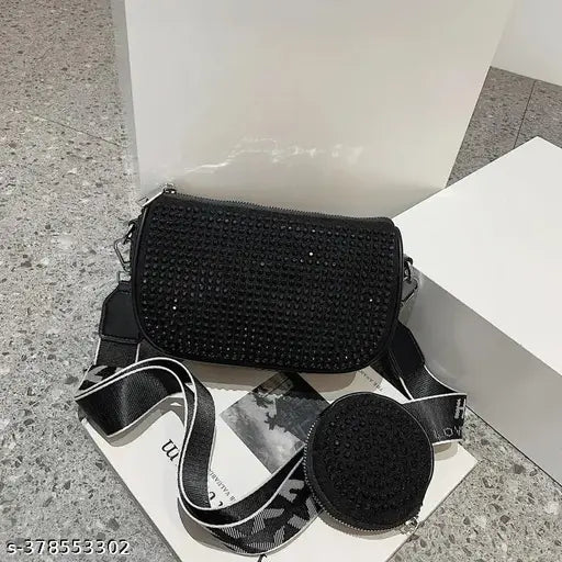 Black sequined fabric small decorative bag girls women's crossbody purse broad sling belt coin purse