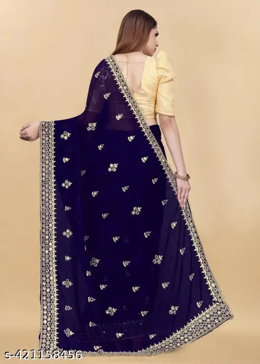 Blue georgette saree with round mirror work