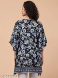 Black rayon floral print kaftan dress (34"), elegant décolleté neckline, adjustable waist, Made in India
