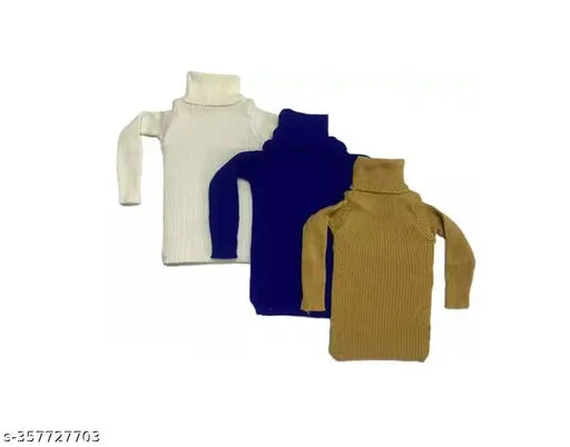 Woolen high neck sweaters set of 3 for baby boys and girls in solid patterns. Comfortable unisex winter wear made from soft cotton fabric. Perfect for kids' daily wear. Indian-made kidswear collection with options up to 5 years