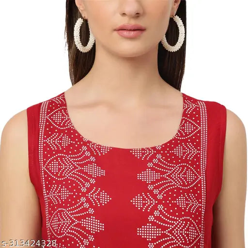 Indian printed Anarkali long dress kurti in viscose rayon, sleeveless style for festivals (S-Bust 36in/Length 50in, XL-Bust 42in/Length 50in)