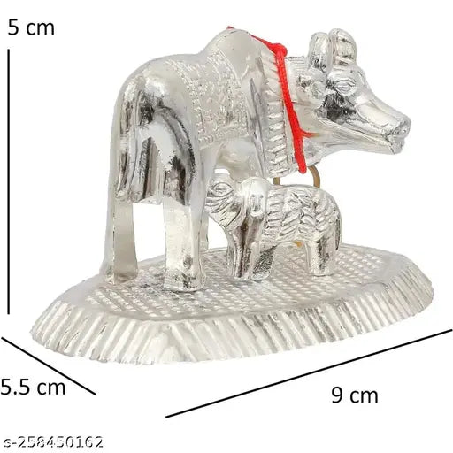 Silver Metal Kamdhenu Cow with Calf Standing Statue, traditional Indian decorative gift