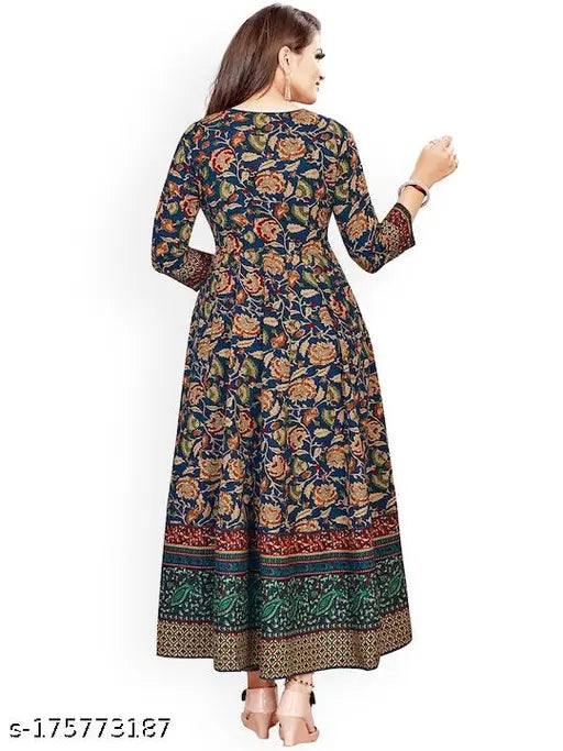Blue printed long Anarkali gown for women and girls, rayon fabric with three-quarter sleeves, all-over print combo. Handcrafted Indian fashion on display