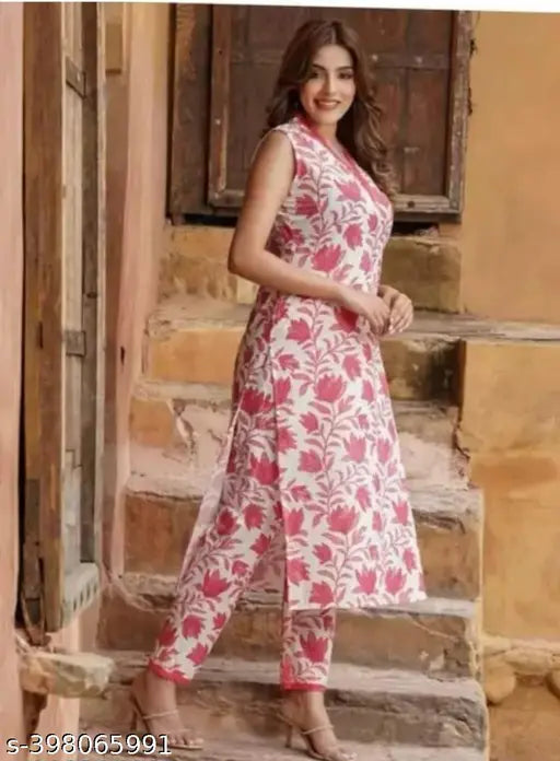 Rayon printed kurta and pant set, vibrant Indian women's attire with three-quarter sleeves
