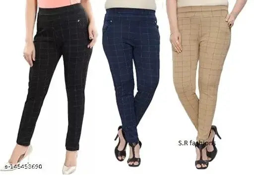 Women's checkered Lycra jeggings combo pack, featuring sizes 24 to Free Size for a versatile fit. Made in India