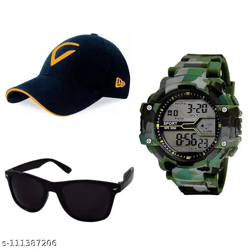A white digital sports watch with a green camo band, black cap and sunglasses combo pack. The watch has multiple buttons and screens displaying various functions