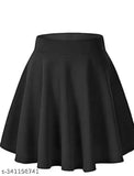 Solid polycotton skater skirt with attached inner shorts, flared inskirt. Double layer design for comfort during sports. High waistband, laser-cutout scallop hem. Size options: 26, 28, 30, 32, 34, 36 (waist sizes mentioned). Made in India