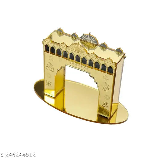 Gold-shimmering Indian Khatu Shyam ji toran dwaar, decorative mini temple showpiece for home or car