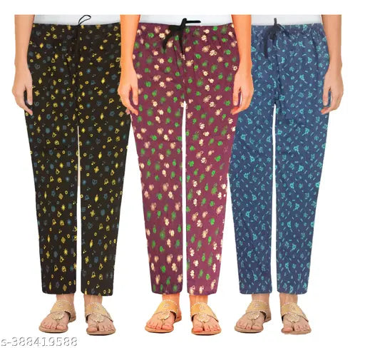 Flower print women's pyjama set in blue, green, and pink, pack of 3 pieces