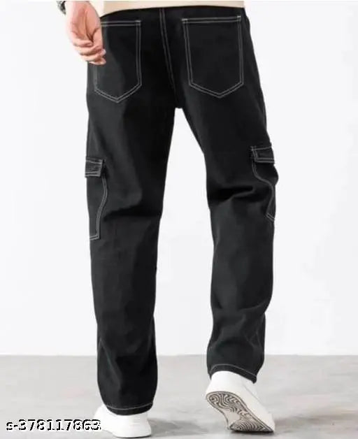 Boys' cotton blend baggy jeans with six pockets, mid-rise, clean wash, button waist closure, and round pockets. Solid colored, straight fit, full length. Made in India. Size 28, 30, 32