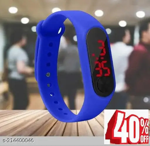 Digital sports watch with blue strap, black face, red button