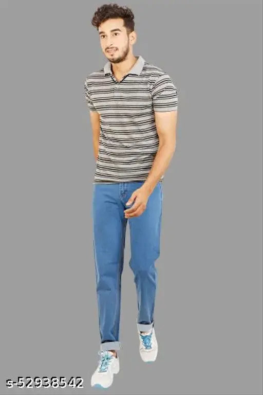 Blue men's regular fit mid-rise stretchable denim jeans - solid indigo color, trendy and comfortable for casual wear
