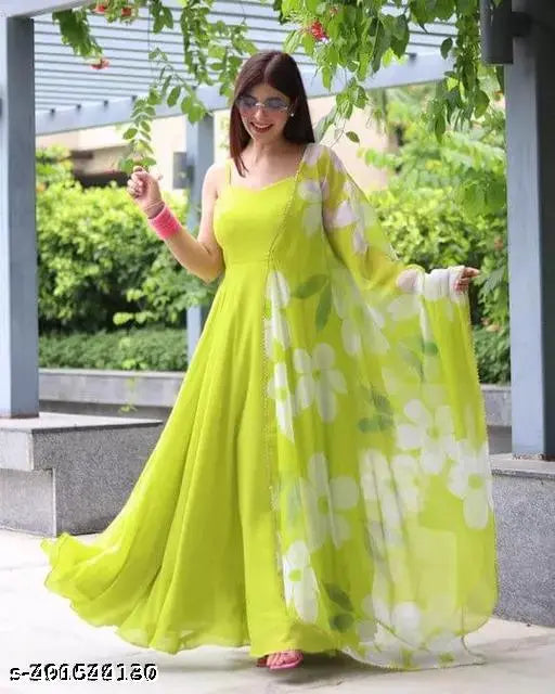 Georgette parrot flower dress, vibrant solid color, Indian fashion