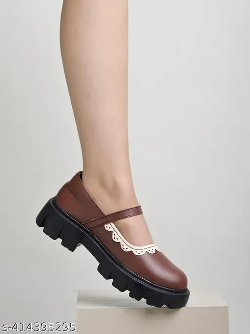 Synthetic round toe brown Mary Janes with buckle & lace detail - Women's/Girls shoes from Shoetopia, Indian origin