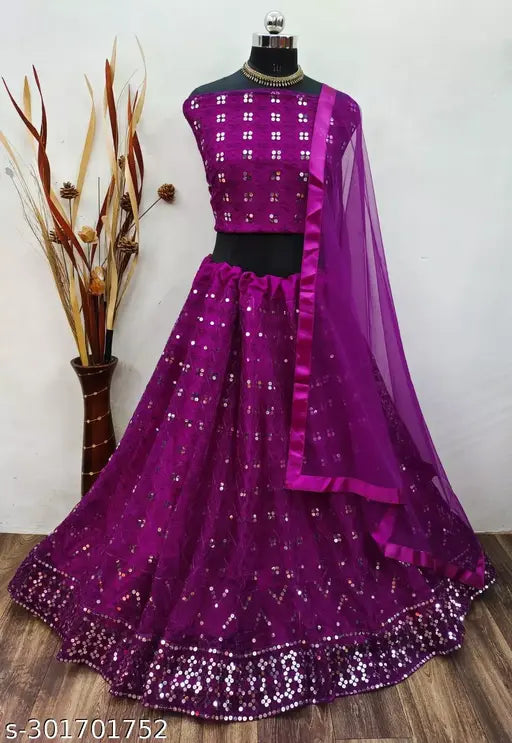 Embellished net lehenga set for women, semi-stitched and free size, Indian origin