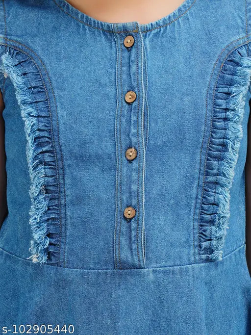 Denim fit flare buttoned front sleeveless dress, 100% cotton for children's wardrobe, stylish and comfortable for special occasions