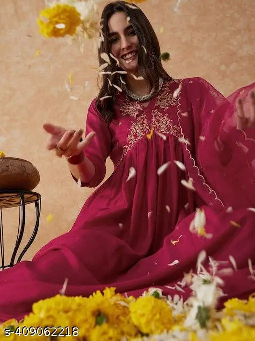 Vichitra silk women's embroidered kurta set with palazzos, solid pattern, three-quarter sleeves in India