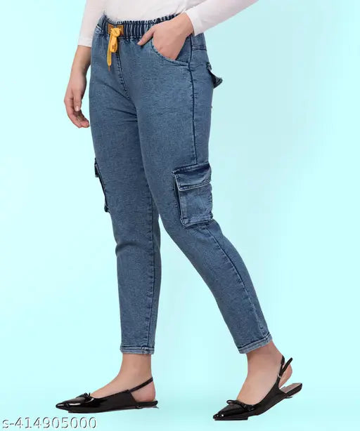 Stretchable premium denim cargo blue jogger jeans for girls, waist-elasticated, knee pockets, slim fit