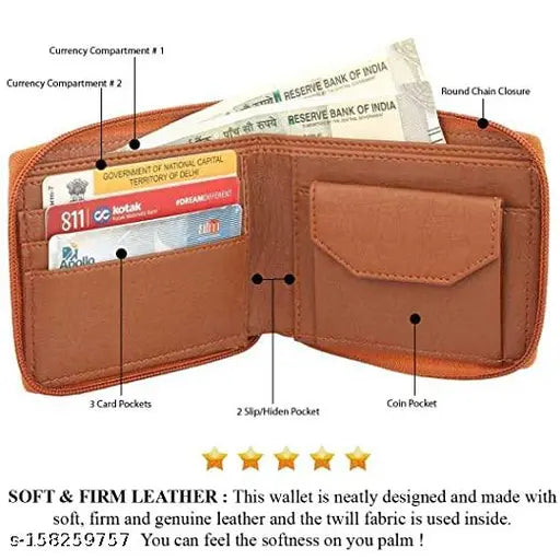 Trendy black faux leather bifold wallet with ID window, coin pocket, and multi-card slot. Top-selling unisex men's accessory. Free size (11cm x 9cm). Made in India
