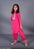 Kidaroo Girls Cotton Printed Kurta & Pyjama Set - Indian cotton party wear for girls aged 1-14, featuring three-quarter sleeves and frill hem pyjamas
