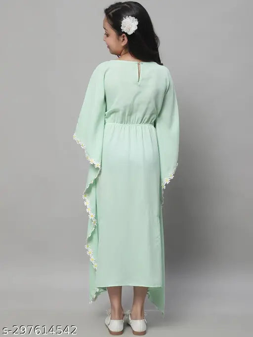 Mint green kaftan dress for girls, long sleeves, regular fit