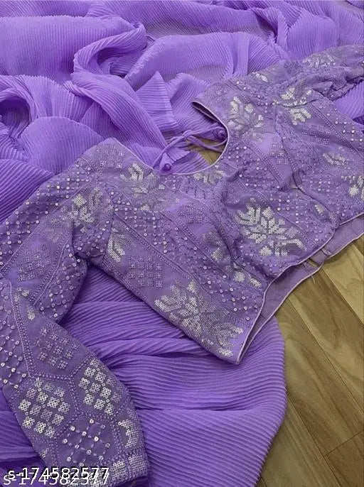 Real Havii Crush saree with ruffled ends and embroidered borders, vibrant purple hue