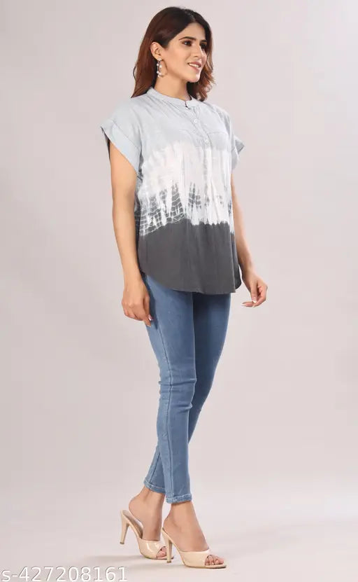 Grey tie-dye cotton slub top with short sleeves and printed pattern, versatile casual fashion for women (XS-XXL)