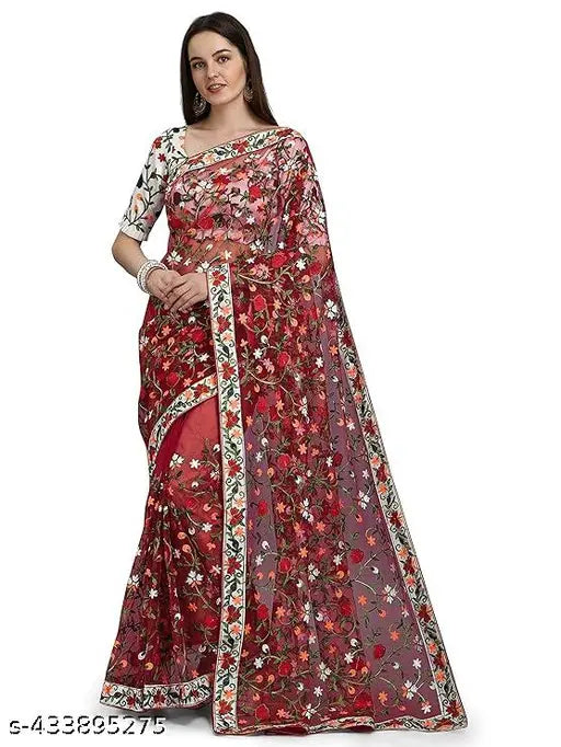 Multicolor net saree with heavy floral embroidery, elegant satin silk blouse. Embroidered floral print, festive wear, India origin