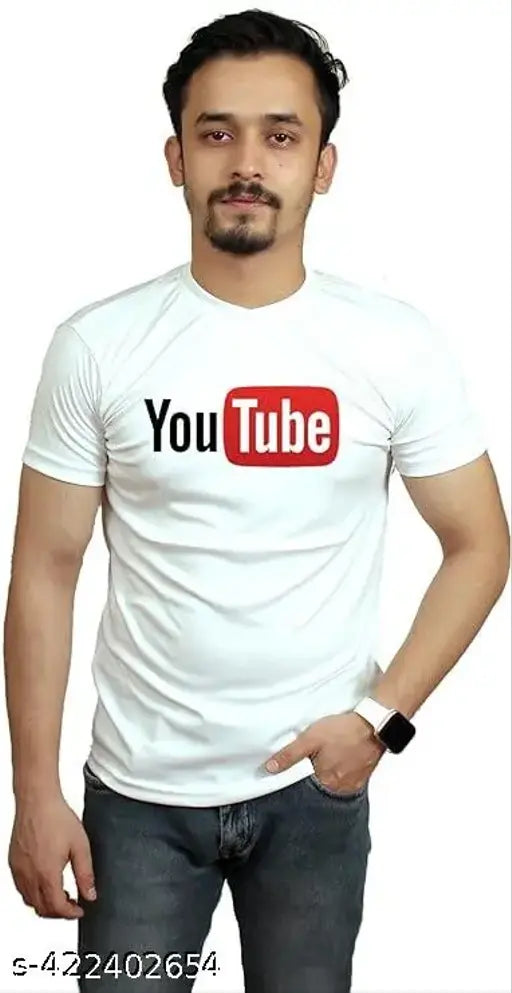 White polyester round neck YouTube printed short sleeve t-shirt for men, featuring popular video platform design