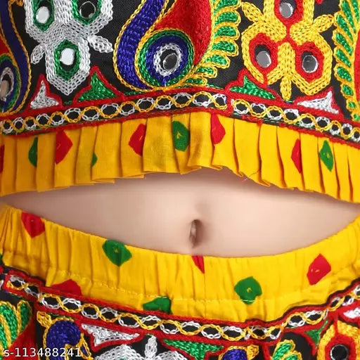 Yellow cotton halter neck choli with dhoti set, intricately embroidered Bandhani design for kids' traditional Indian festival wear