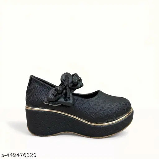 Synthetic leather wedge shoes, chic black woven upper with gold trim and bow detail, perfect for young fashionistas aged 5-9 years, made in India