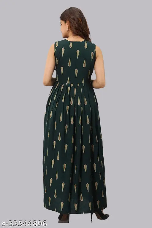 Dark green rayon tilak printed sleeveless gown for women, Indian traditional attire on mannequin