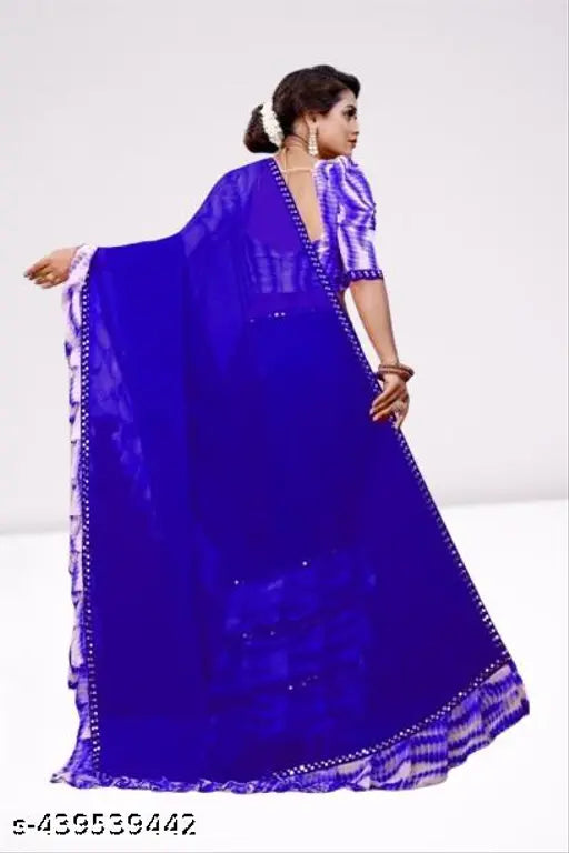 Purple georgette saree with blouse piece, ruffled frill detailing