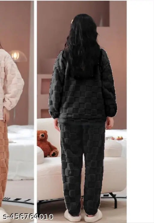 Women's winter jacquard night suits with woolen fur (fleece), set includes long-sleeve round pajama top and bottom in solid pattern. Eco-friendly, high-quality wool sleepwear for warmth during cold nights. Made in India