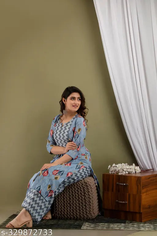 Printed cotton kurta set with palazzos, three-quarter sleeves, Indian origin