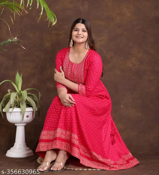 Rayon gold printed Anarkali kurti, floral embroidery, three-quarter sleeves, ankle length