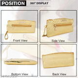 Silver sequined casual clutch bag with black side view front zip closure