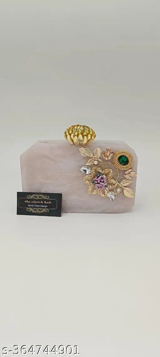 Marble clutch purse with embroidery, suitable for bridal casual party or evening formal events. Gold-tone zip closure
