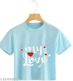 Trendy sky blue printed cotton crop top for women and girls, soft comfortable material