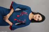 The image displays a woman wearing a dark blue kurta with embroidered details and a matching sharara. The kurta has short sleeves and features intricate floral designs on the bodice. It appears to be a part of a set that includes the kurta and shararas, as indicated by the title