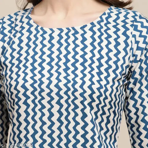 Womens zig zag patterned straight kurti with blue and white colors