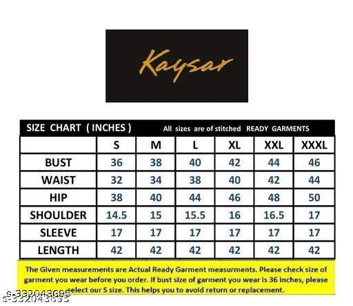 Cotton kurti in size chart: small, medium, large. 3/4 length, short sleeves