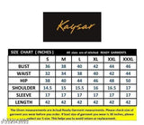 Cotton kurti in size chart: small, medium, large. 3/4 length, short sleeves