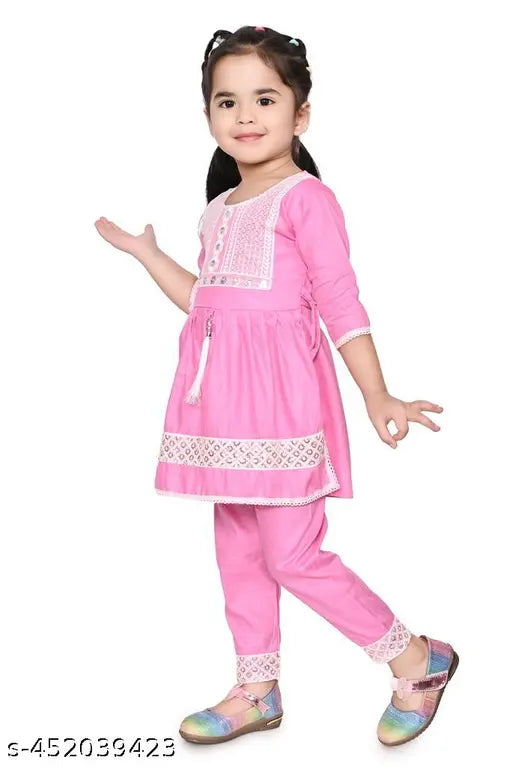 Rayon lace Naira cut kurta set, three-quarter sleeves for kids aged 12-24 months, Indian festival wear