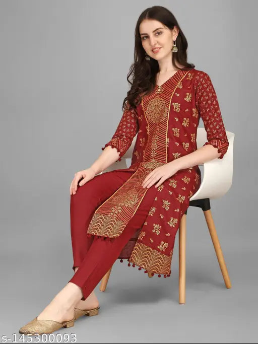 Maroon cotton blend kurta set with gold and pigment printed design, three-quarter sleeves, and palazzo bottoms - Indian party wear and festival attire
